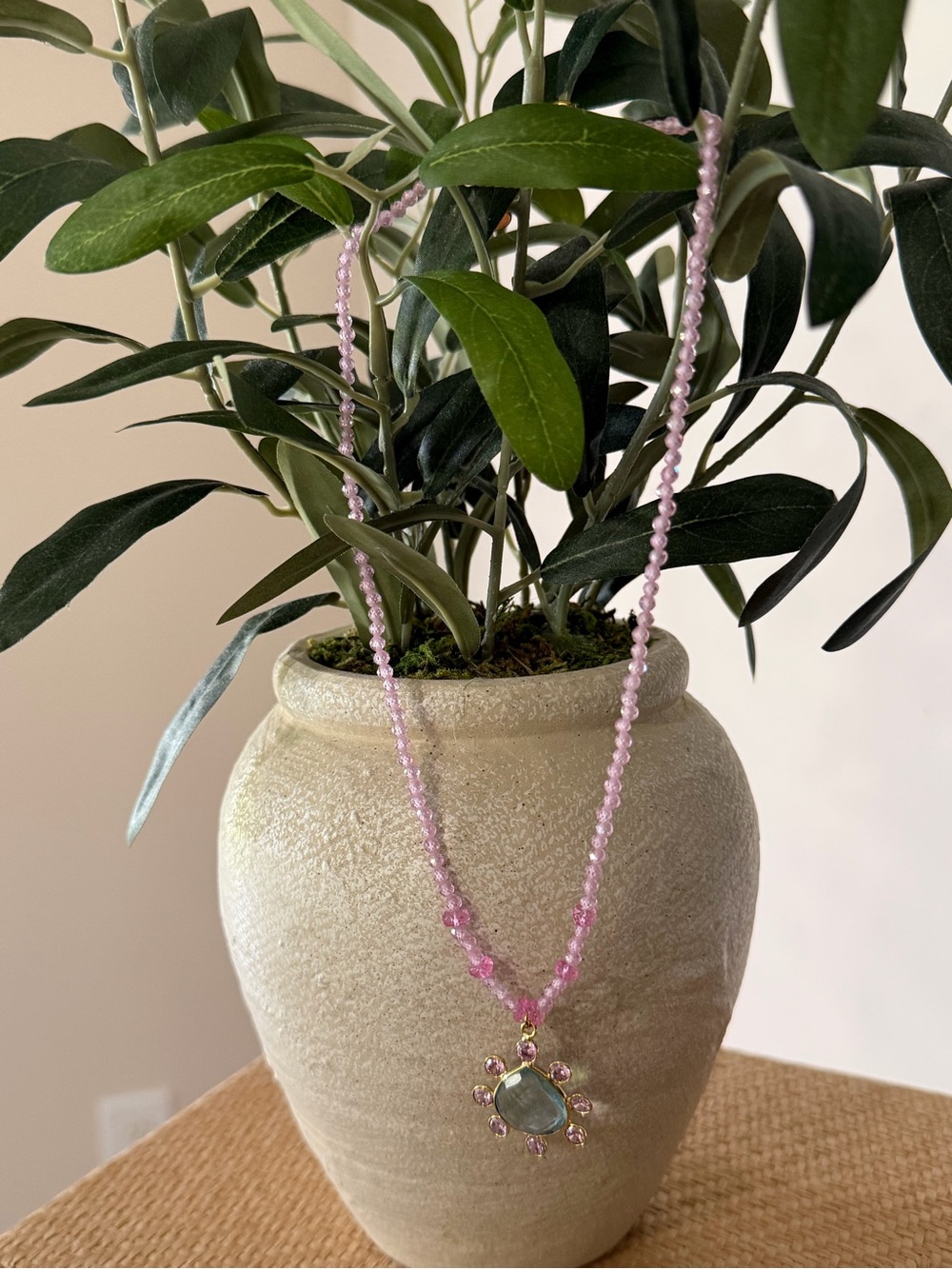 Pink Beaded Necklace with Gemstone Sunburst Pendant